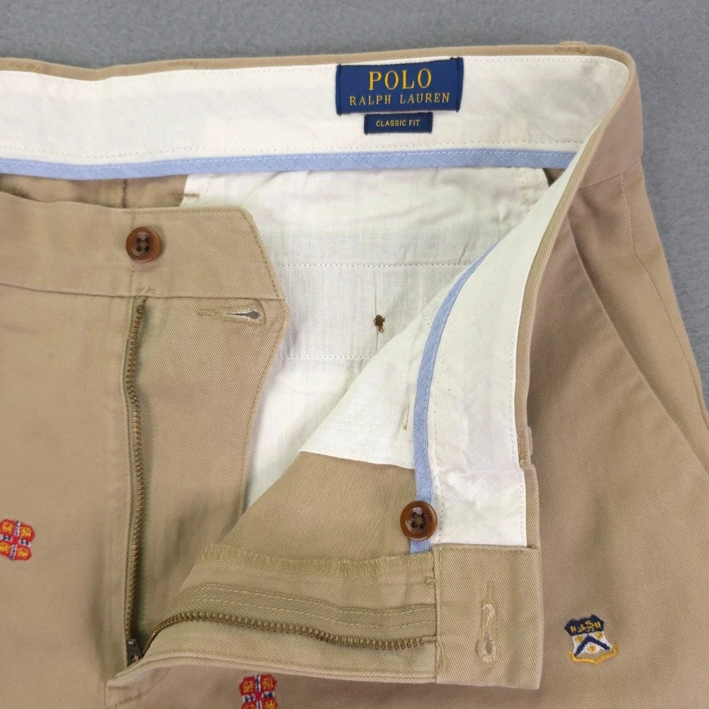 POLO RALPH LAUREN Chino Pants Crest Embroidery Khaki 35x32 Classic Fit Cotton